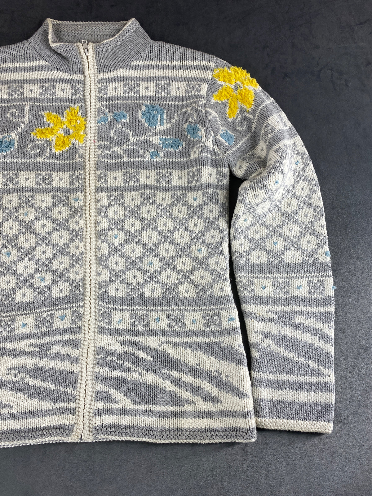 Cardigan norvegese floreale grigio e panna J*S Hand Knit vintage – Donna Taglia M