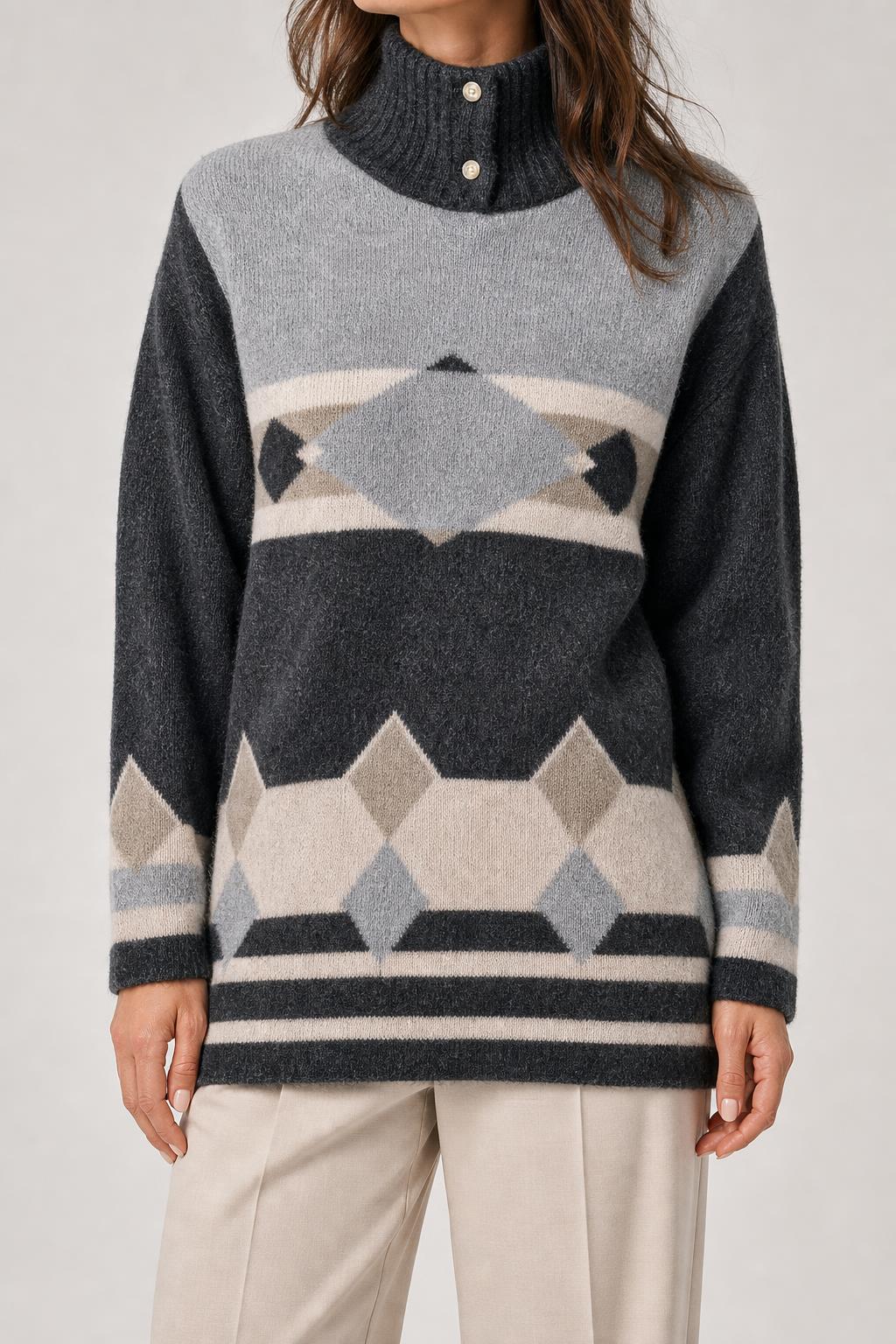 Maglione lupetto con fantasia geometrica grigio vintage – Donna Taglia L
