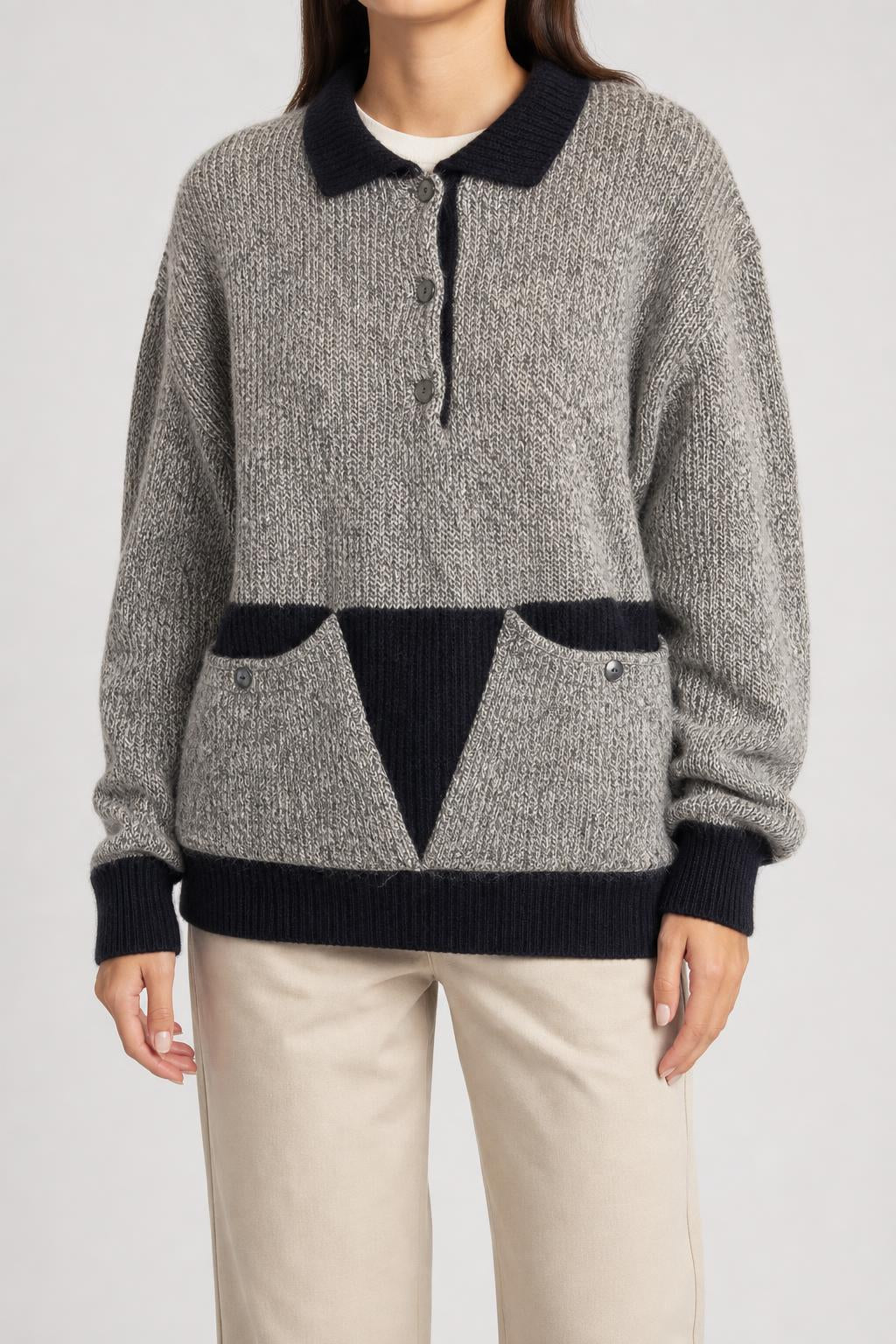 Maglione polo grigio con tasche a contrasto vintage – Donna Taglia L