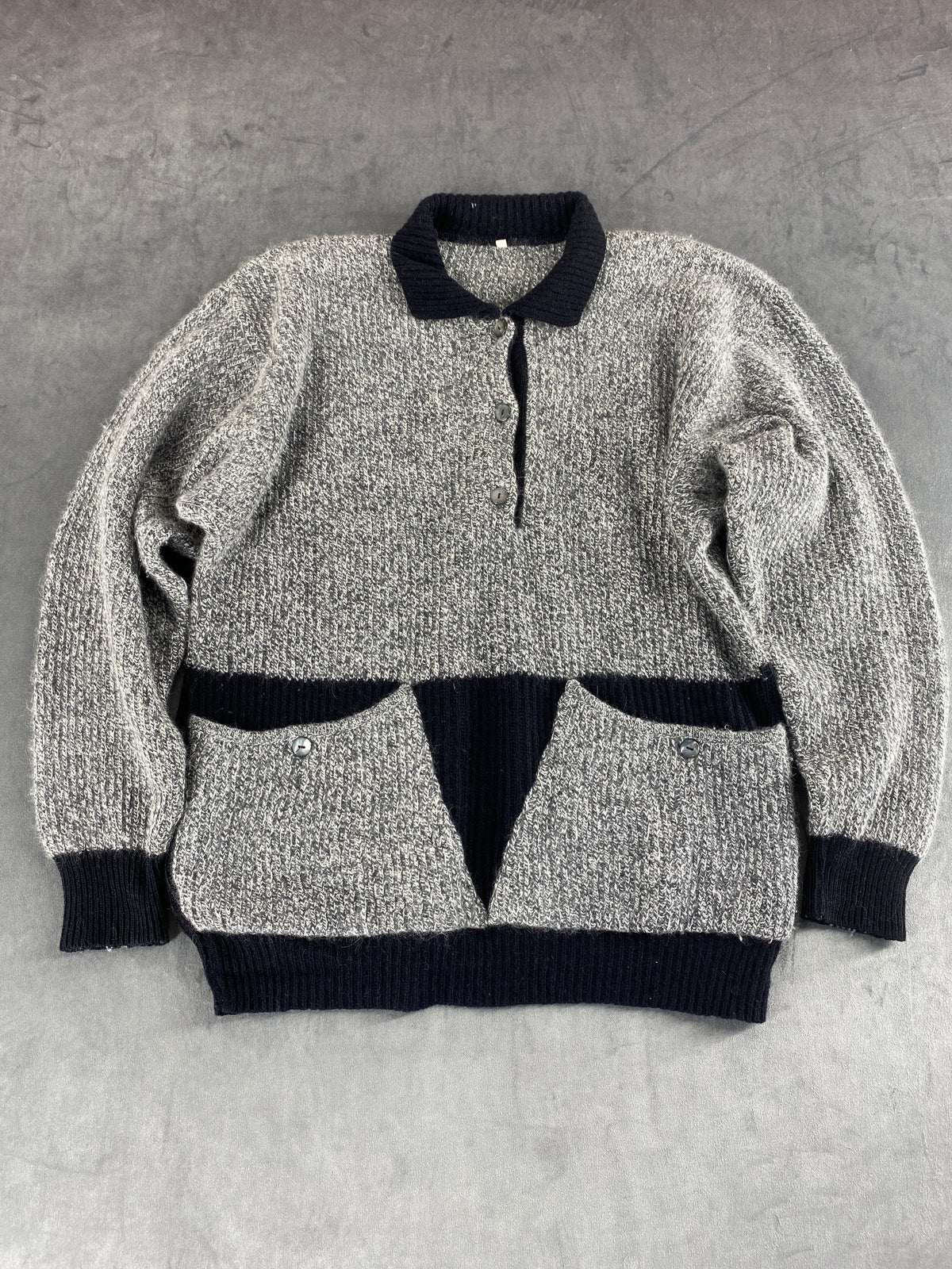 Maglione polo grigio con tasche a contrasto vintage – Donna Taglia L