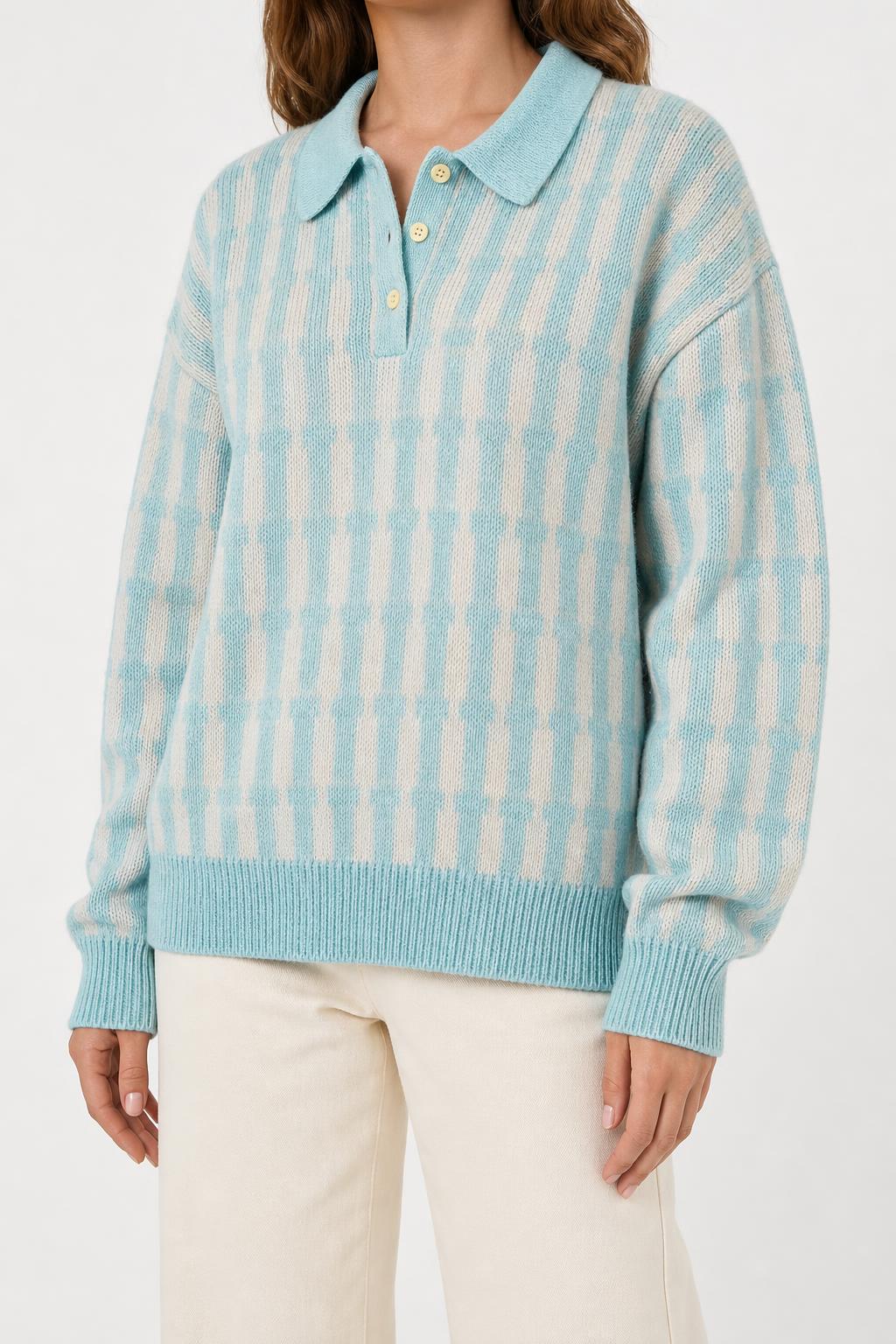 Maglione polo azzurro a righe vintage – Donna Taglia L